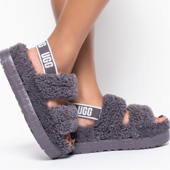 UGG Oh Fluffita Platform Genuine Shearling Slingback Slipper Sandal Shade Purple - Picture 12 of 12